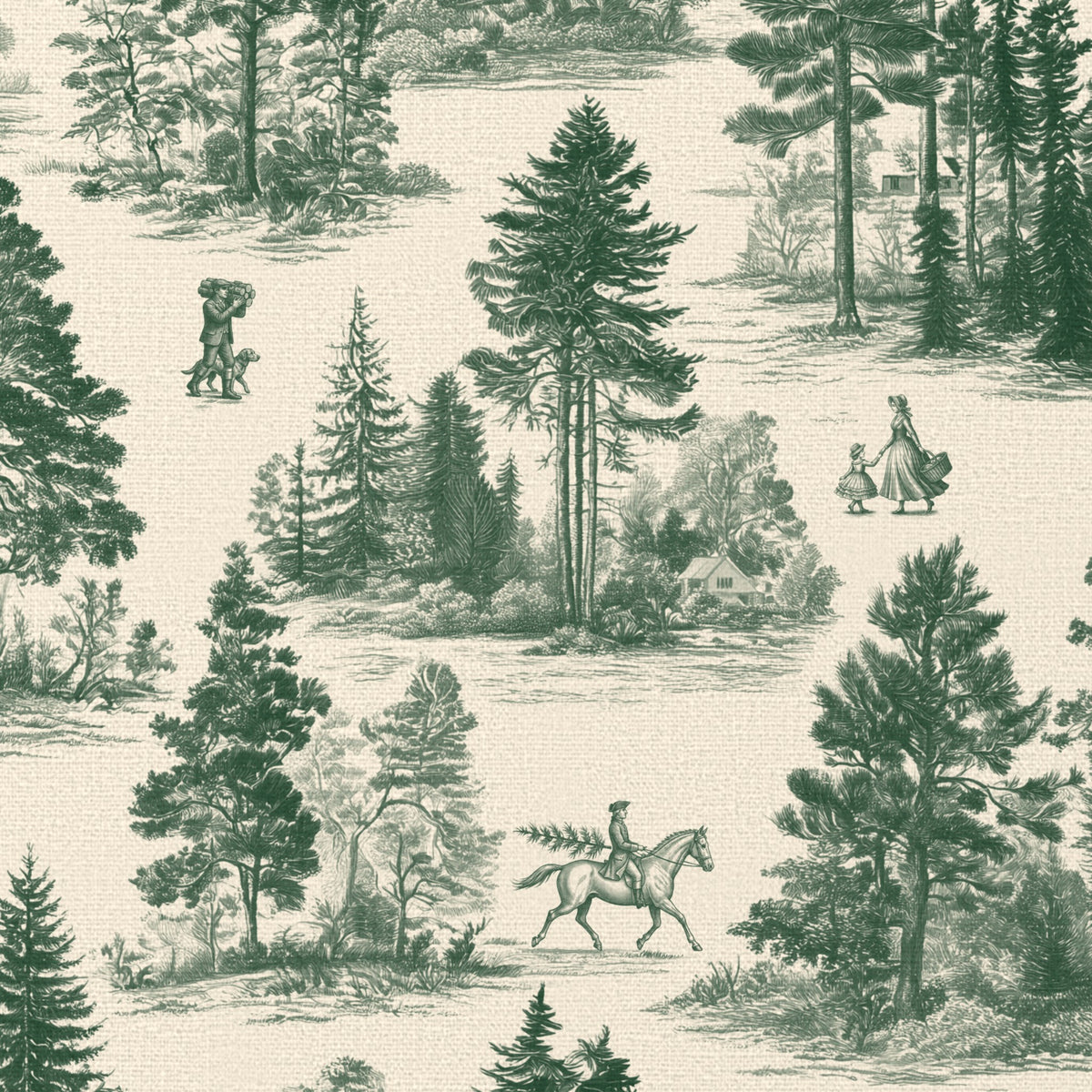 Close-up of the Fir Forest Toile Christmas tablecloth print in green on ivory cotton, showing fir trees and a rider