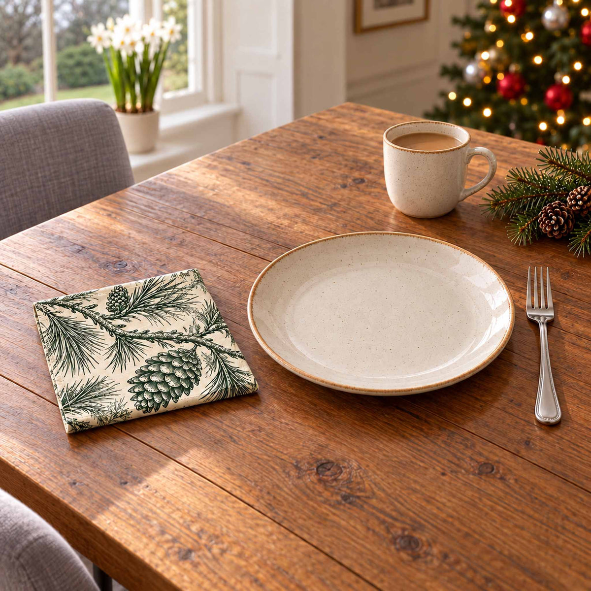 Green on ivory Pine Bough cotton napkin in a compact square fold beside a dinner plate and coffee cup on a wooden table in daylight.