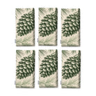 Pine Bough Christmas napkins in green on ivory, set of six, folded on white, showing the same pine cone on a bough