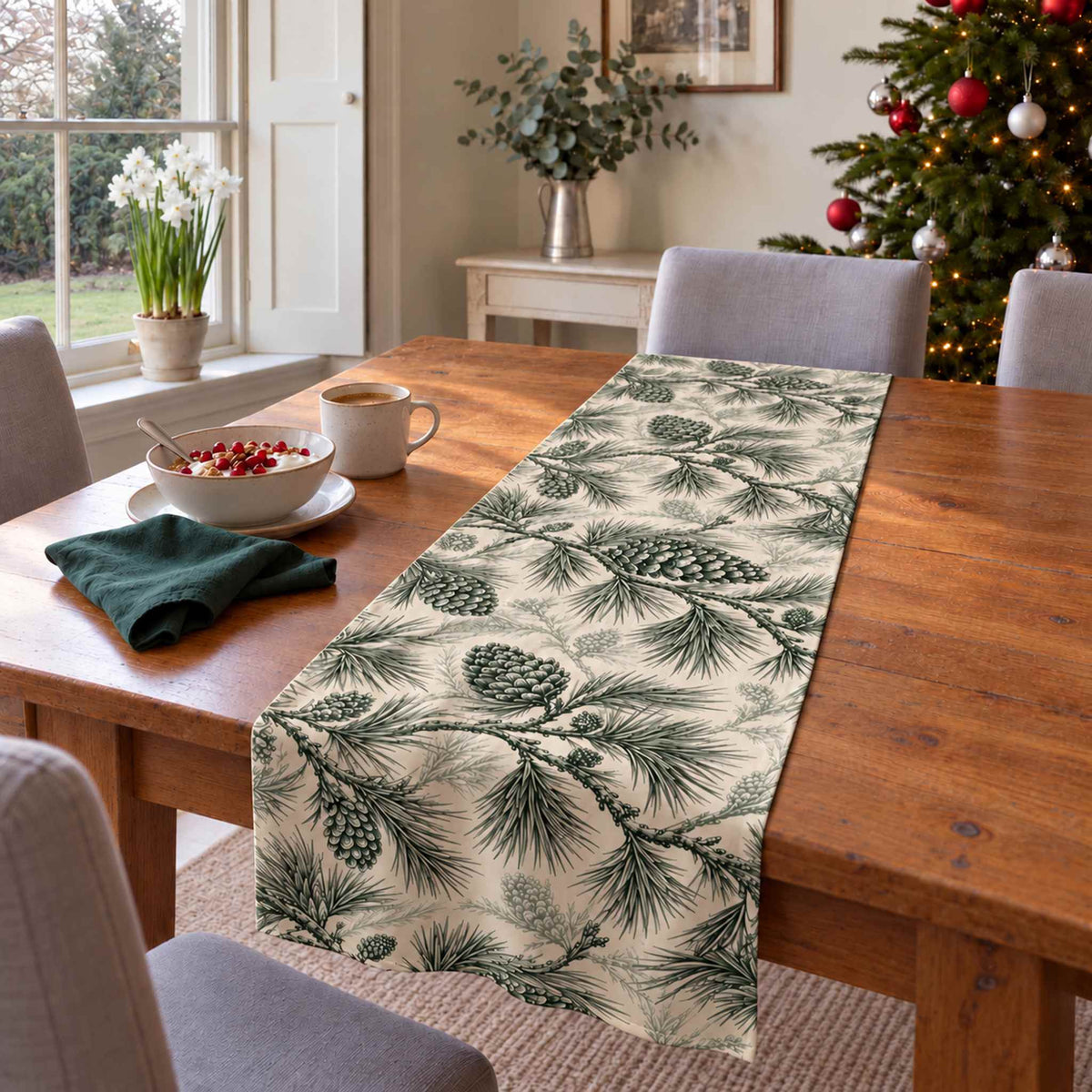 Pine Bough Christmas table runner in Green on ivory, styled on a wooden table with a softly draped end in a daylight Christmas room.