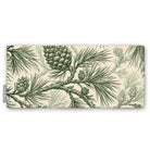 Pine Bough Christmas table runner in green on ivory, folded on white, showing pine boughs and cones
