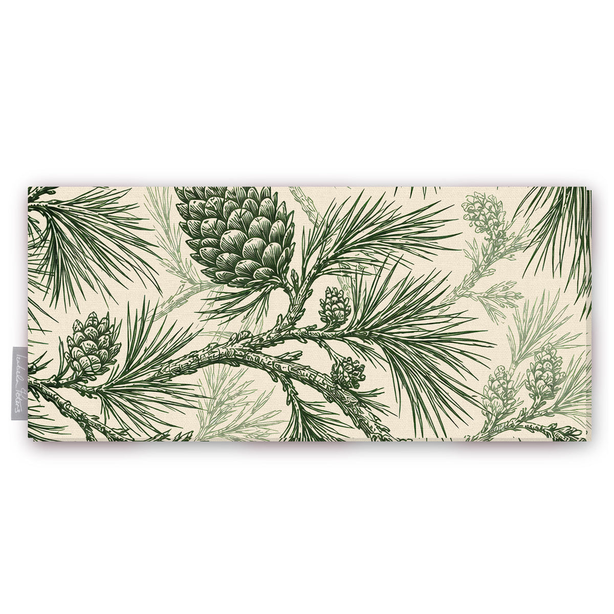 Pine Bough Christmas table runner in green on ivory, folded on white, showing pine boughs and cones