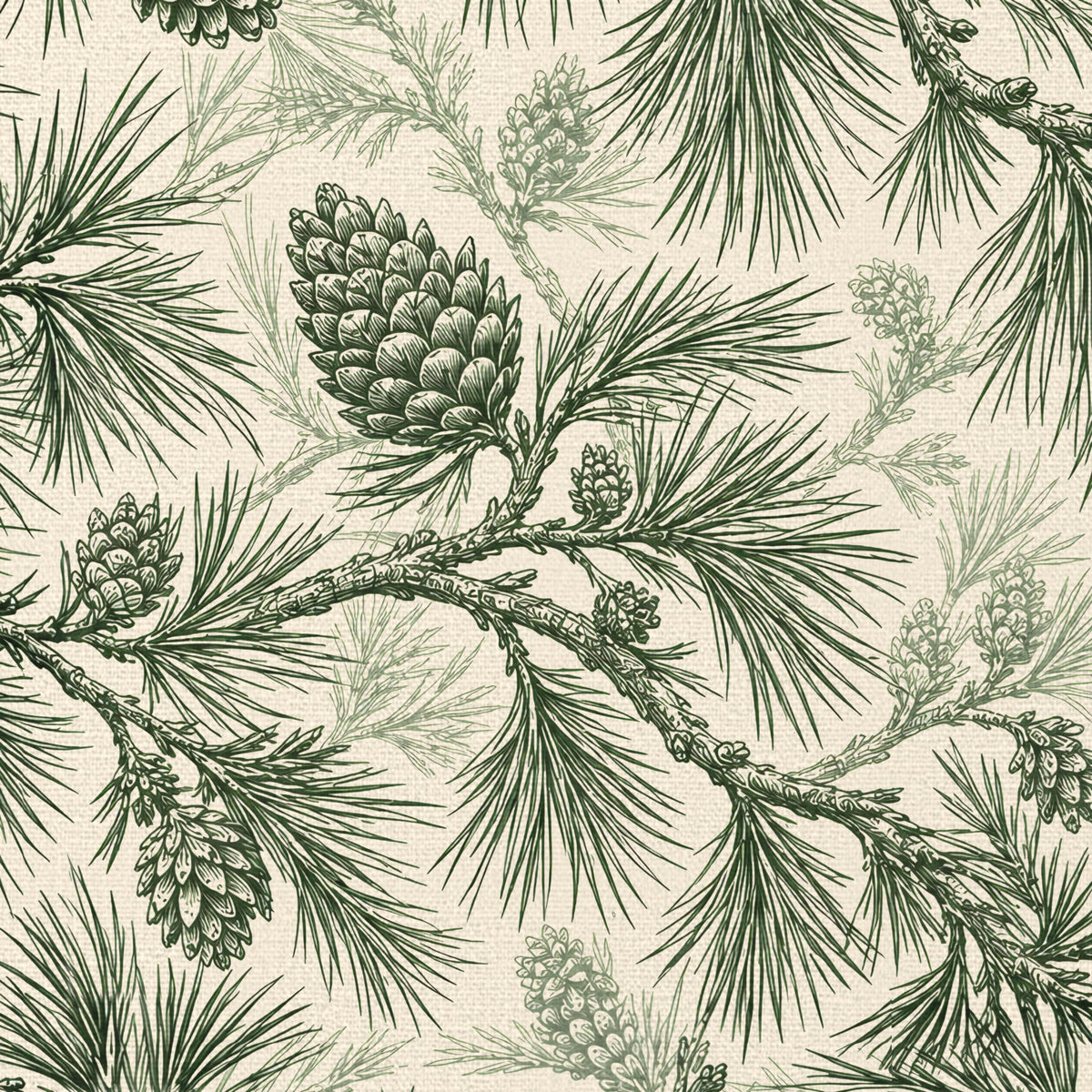 Close-up of the Pine Bough Christmas table runner print in green on ivory cotton, showing pine boughs and cones