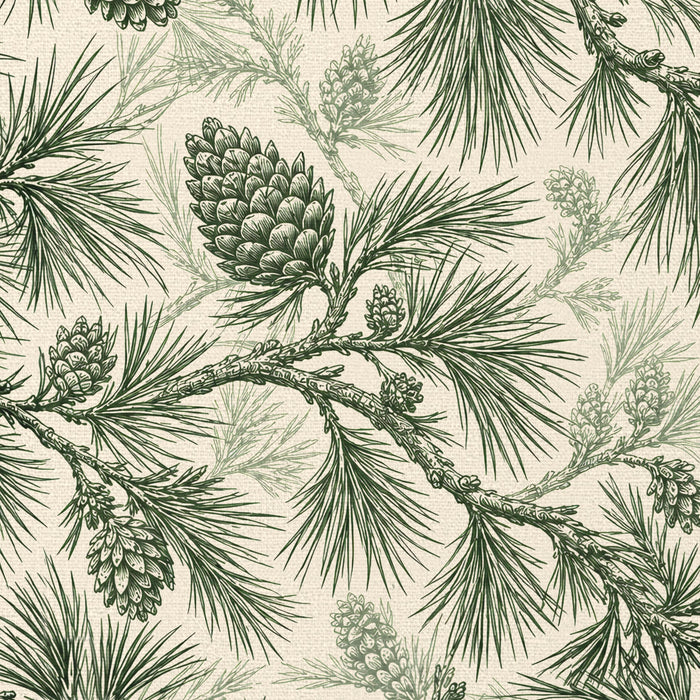 Close-up of the Pine Bough Christmas table runner print in green on ivory cotton, showing pine boughs and cones