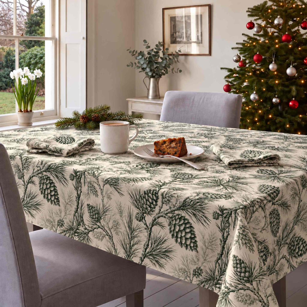 Green on ivory Pine Bough Christmas tablecloth draped over a dining table with a cream mug, fruitcake and folded pine napkins in winter daylight.