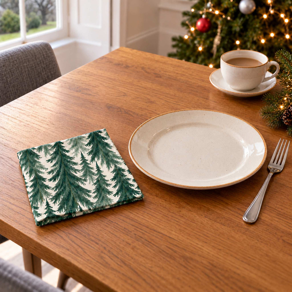 Green on ivory Spruce Stand cotton napkin in a compact square fold beside a dinner plate and coffee cup on a wooden table in daylight.