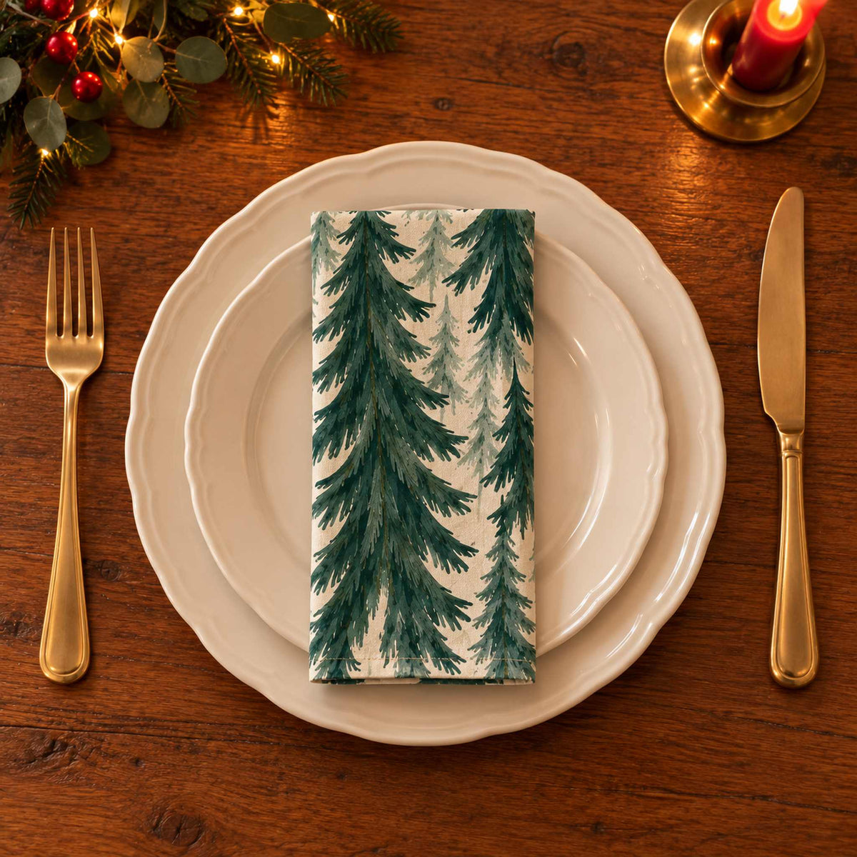 Green on ivory Spruce Stand cotton napkin neatly folded on a dinner plate with cutlery and candlelight on a wooden Christmas table.