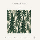 Green on ivory Spruce Stand Christmas napkin pattern scale, showing the full 44 cm by 44 cm design.