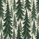 Close-up of the Spruce Stand Christmas napkin print in green on ivory cotton, showing rows of spruce trees