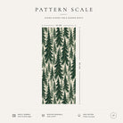 Pattern scale of the Spruce Stand Christmas table runner in green on ivory across its 44 cm width, with care notes