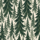 Close-up of the Spruce Stand Christmas table runner print in green on ivory cotton, showing rows of spruce trees