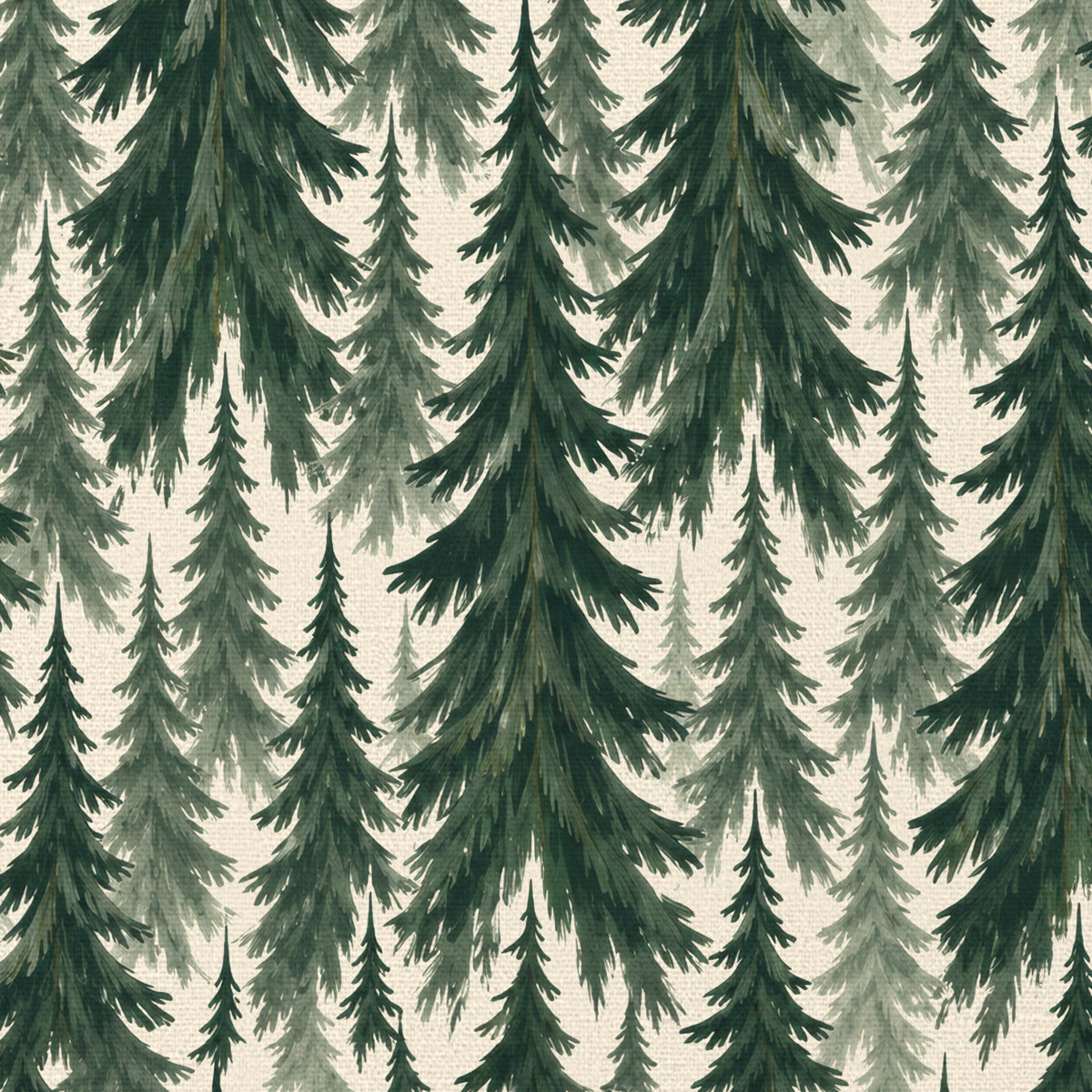 Close-up of the Spruce Stand Christmas table runner print in green on ivory cotton, showing rows of spruce trees