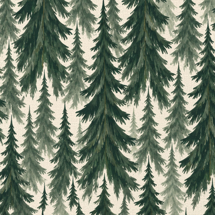 Close-up of the Spruce Stand Christmas table runner print in green on ivory cotton, showing rows of spruce trees