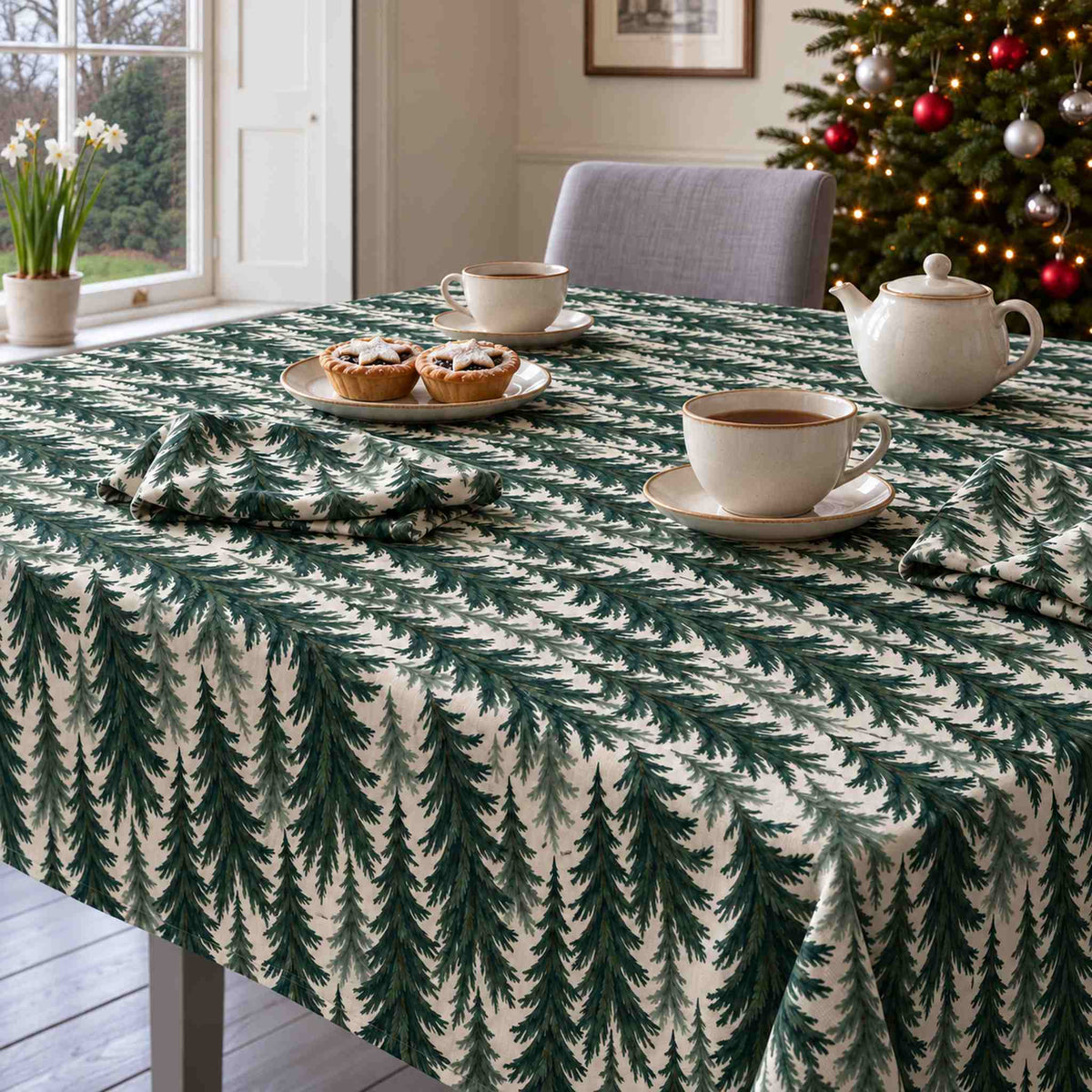 Green on ivory Spruce Stand Christmas tablecloth draped over a dining table with a cream tea set, mince pies and folded spruce napkins in soft daylight.