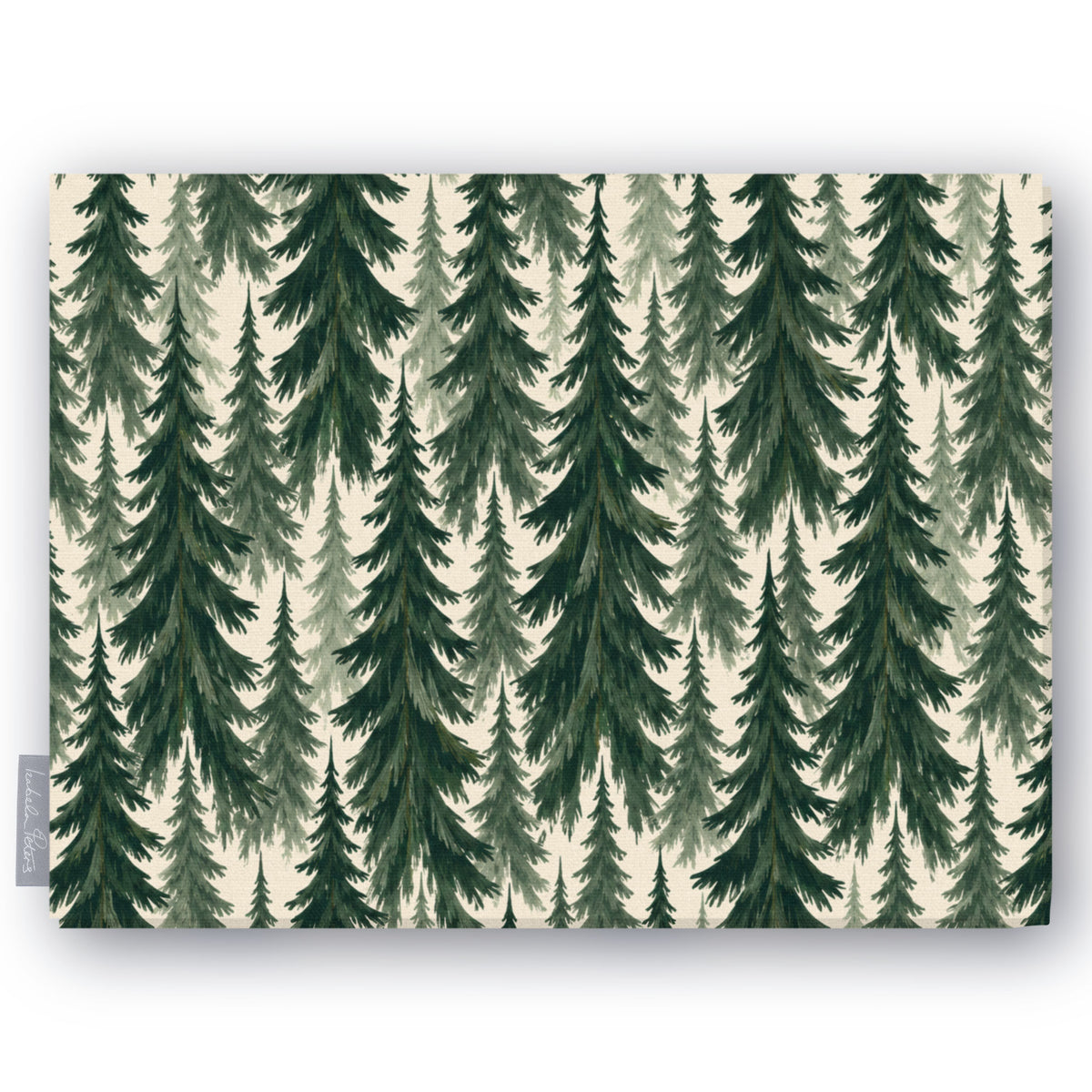 Spruce Stand Christmas tablecloth in green on ivory, folded on white, showing rows of spruce trees