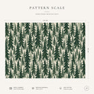 Pattern scale of the Spruce Stand Christmas tablecloth in green on ivory across its 144 cm width, with care notes