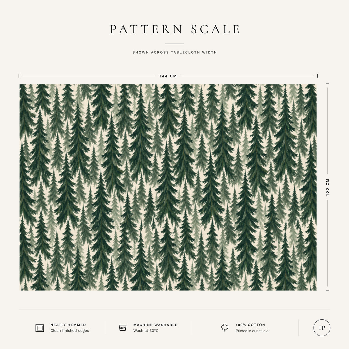 Pattern scale of the Spruce Stand Christmas tablecloth in green on ivory across its 144 cm width, with care notes