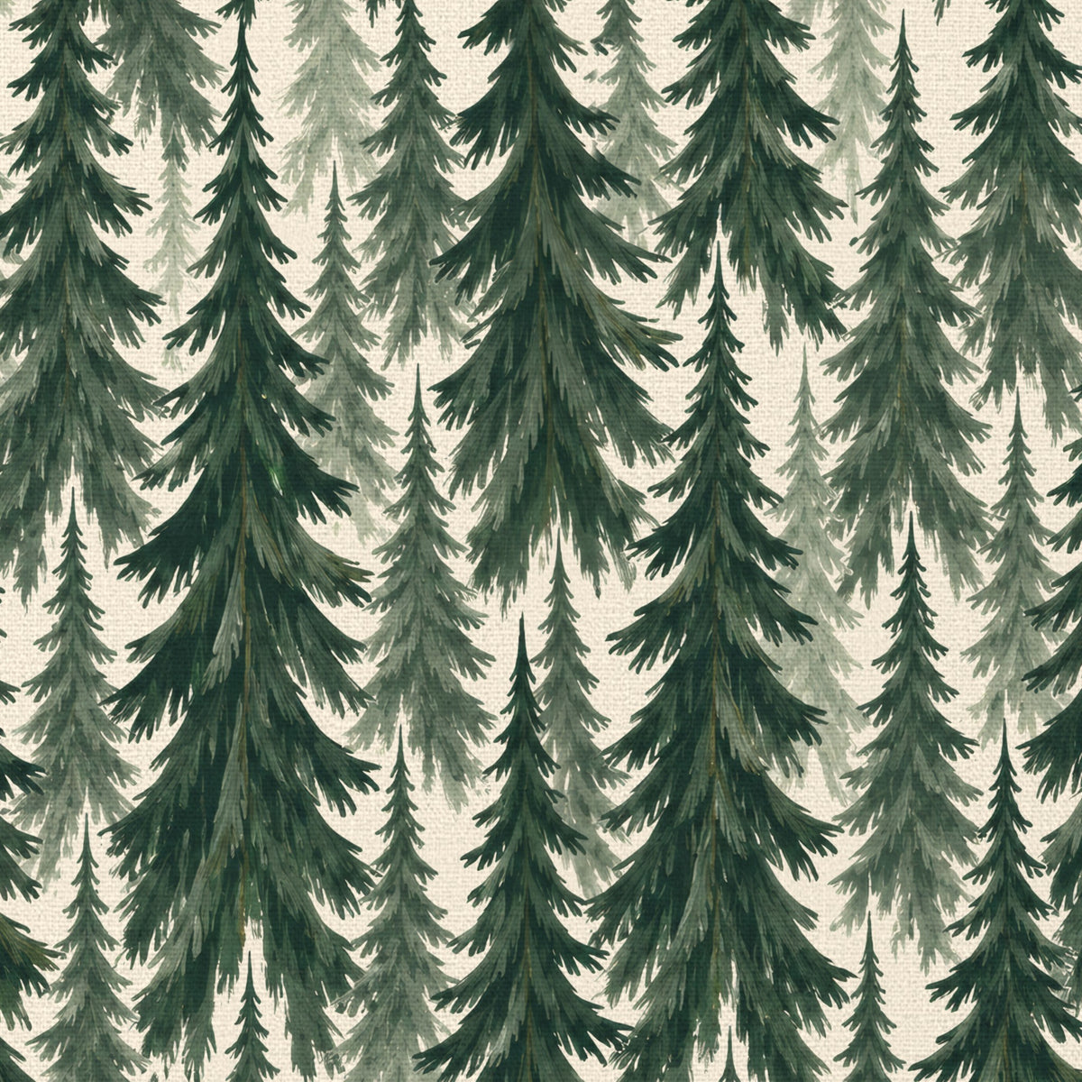 Close-up of the Spruce Stand Christmas tablecloth print in green on ivory cotton, showing rows of spruce trees
