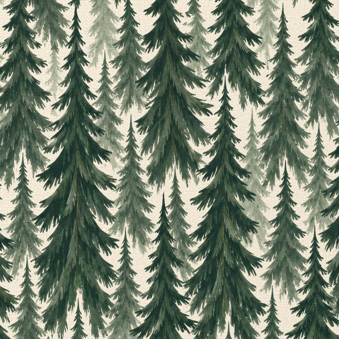 Close-up of the Spruce Stand Christmas tablecloth print in green on ivory cotton, showing rows of spruce trees