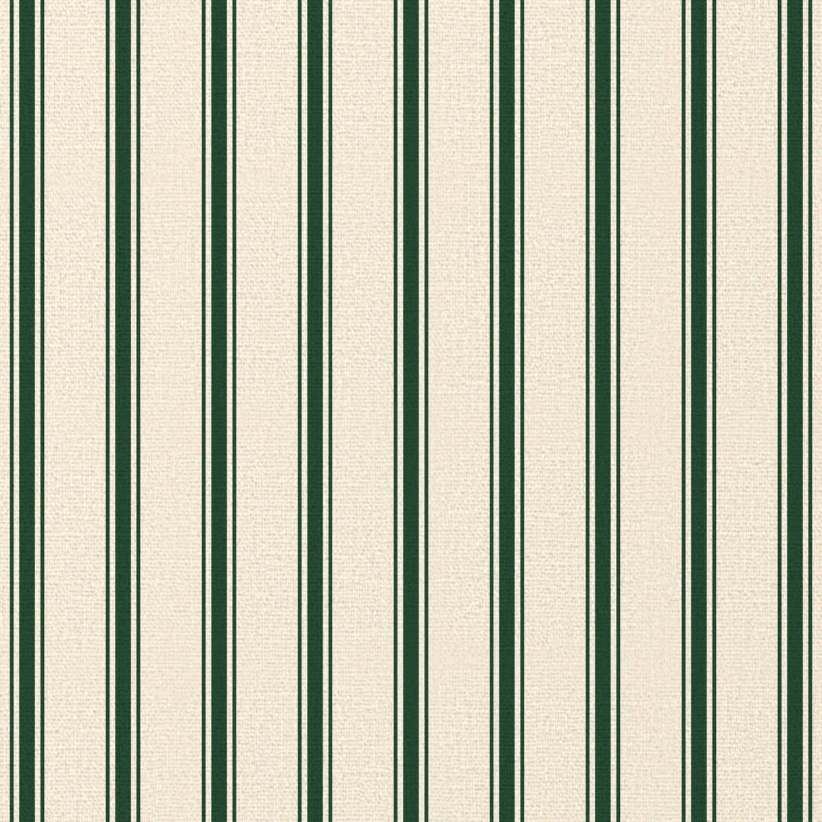 Close-up of the Ticking Stripe Christmas napkin print in green on ivory cotton, showing fine ticking stripes