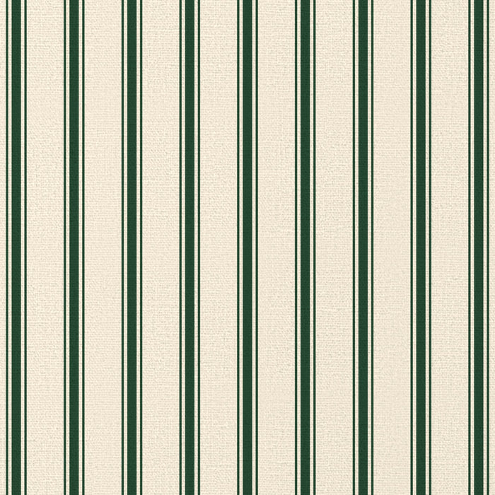 Close-up of the Ticking Stripe Christmas napkin print in green on ivory cotton, showing fine ticking stripes