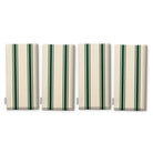 Ticking Stripe Christmas napkins in green on ivory, set of four, folded on white, showing the same fine ticking stripes