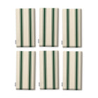 Ticking Stripe Christmas napkins in green on ivory, set of six, folded on white, showing the same fine ticking stripes