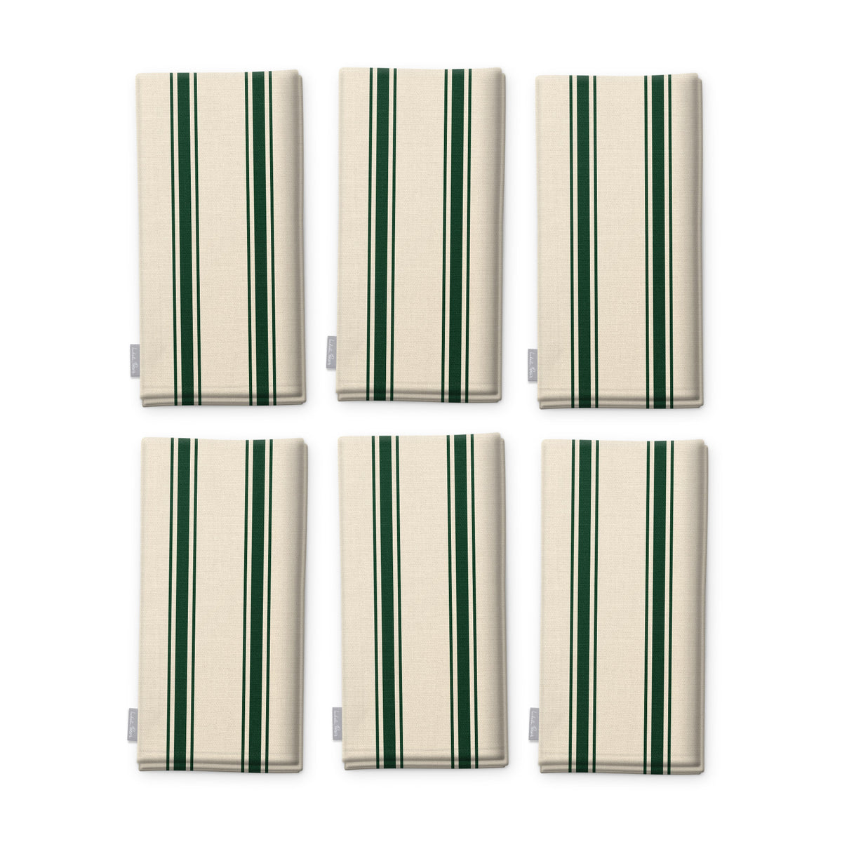 Ticking Stripe Christmas napkins in green on ivory, set of six, folded on white, showing the same fine ticking stripes