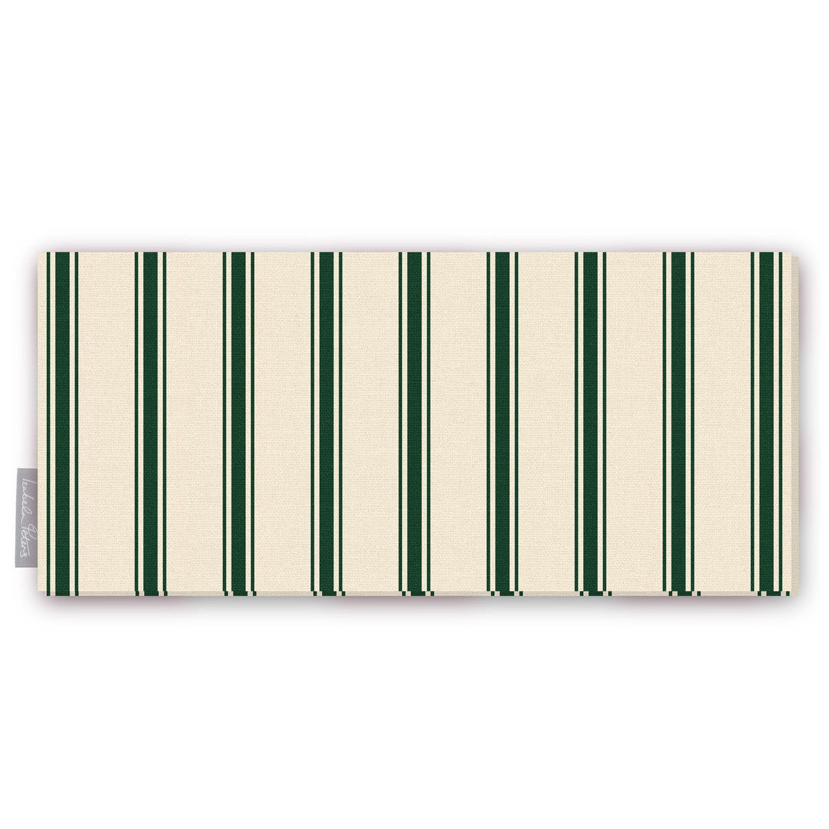 Ticking Stripe Christmas table runner in green on ivory, folded on white, showing fine ticking stripes