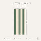 Pattern scale of the Ticking Stripe Christmas table runner in green on ivory across its 44 cm width, with care notes