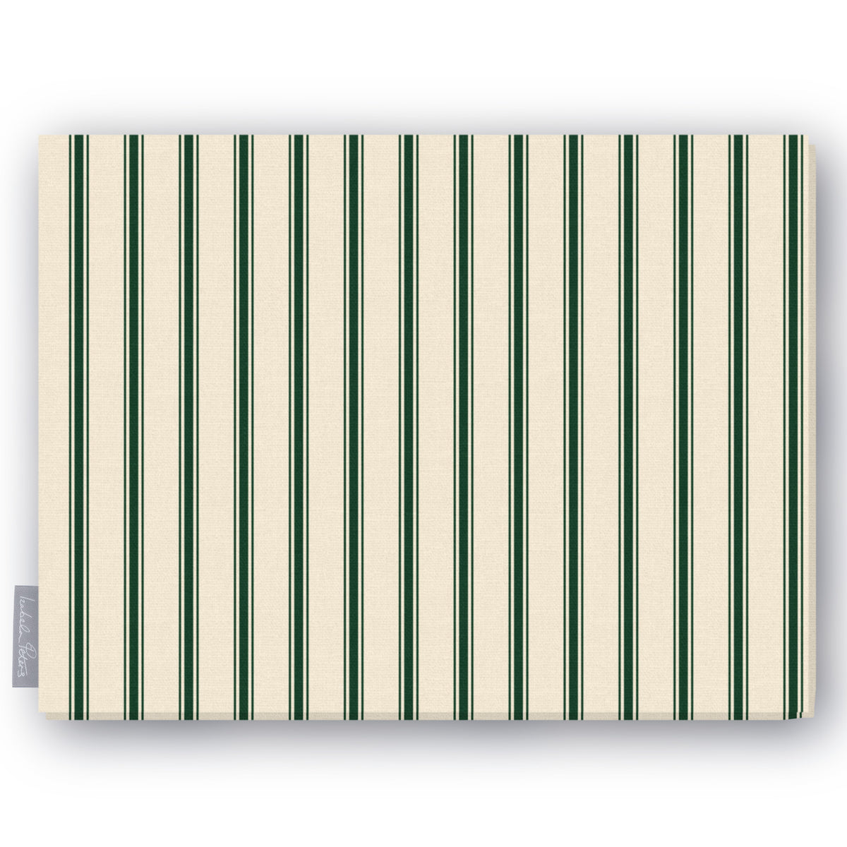 Ticking Stripe Christmas tablecloth in green on ivory, folded on white, showing fine ticking stripes