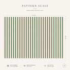 Pattern scale of the Ticking Stripe Christmas tablecloth in green on ivory across its 144 cm width, with care notes