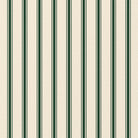 Close-up of the Ticking Stripe Christmas tablecloth print in green on ivory cotton, showing fine ticking stripes