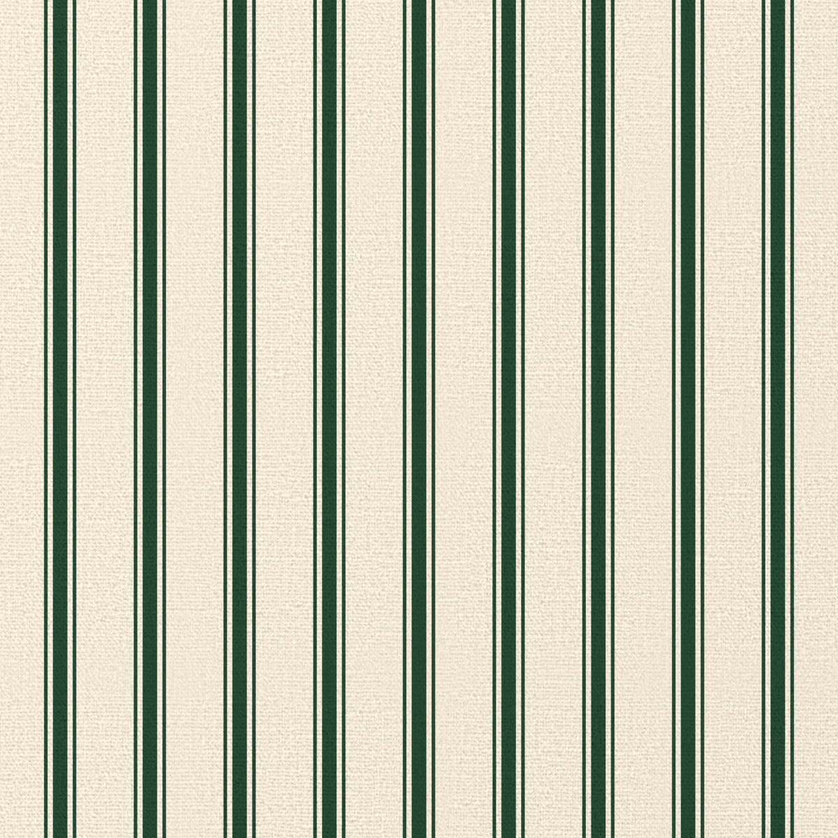 Close-up of the Ticking Stripe Christmas tablecloth print in green on ivory cotton, showing fine ticking stripes