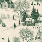 Close-up of the Village Toile Christmas napkin print in green on ivory cotton, showing a snowy village