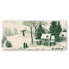 Village Toile Christmas table runner in green on ivory, folded on white, showing villagers and cottages in the snow