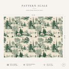 Pattern scale of the Village Toile Christmas tablecloth in green on ivory across its 144 cm width, with care notes