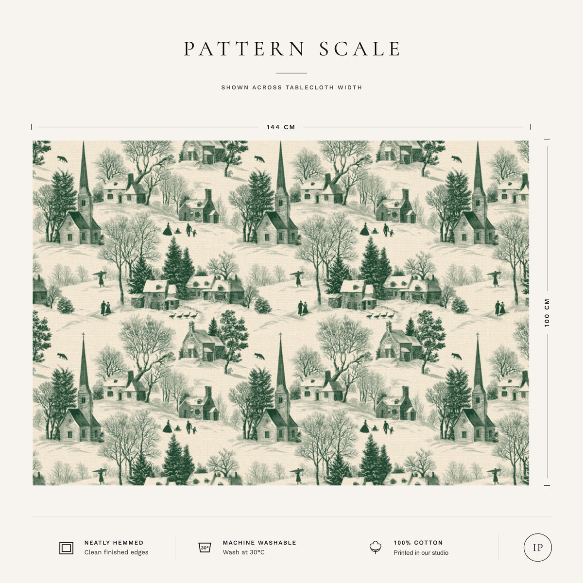 Pattern scale of the Village Toile Christmas tablecloth in green on ivory across its 144 cm width, with care notes