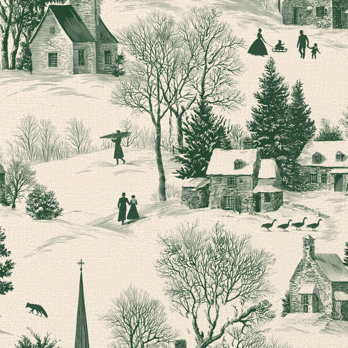 Close-up of the Village Toile Christmas tablecloth print in green on ivory cotton, showing a snowy village