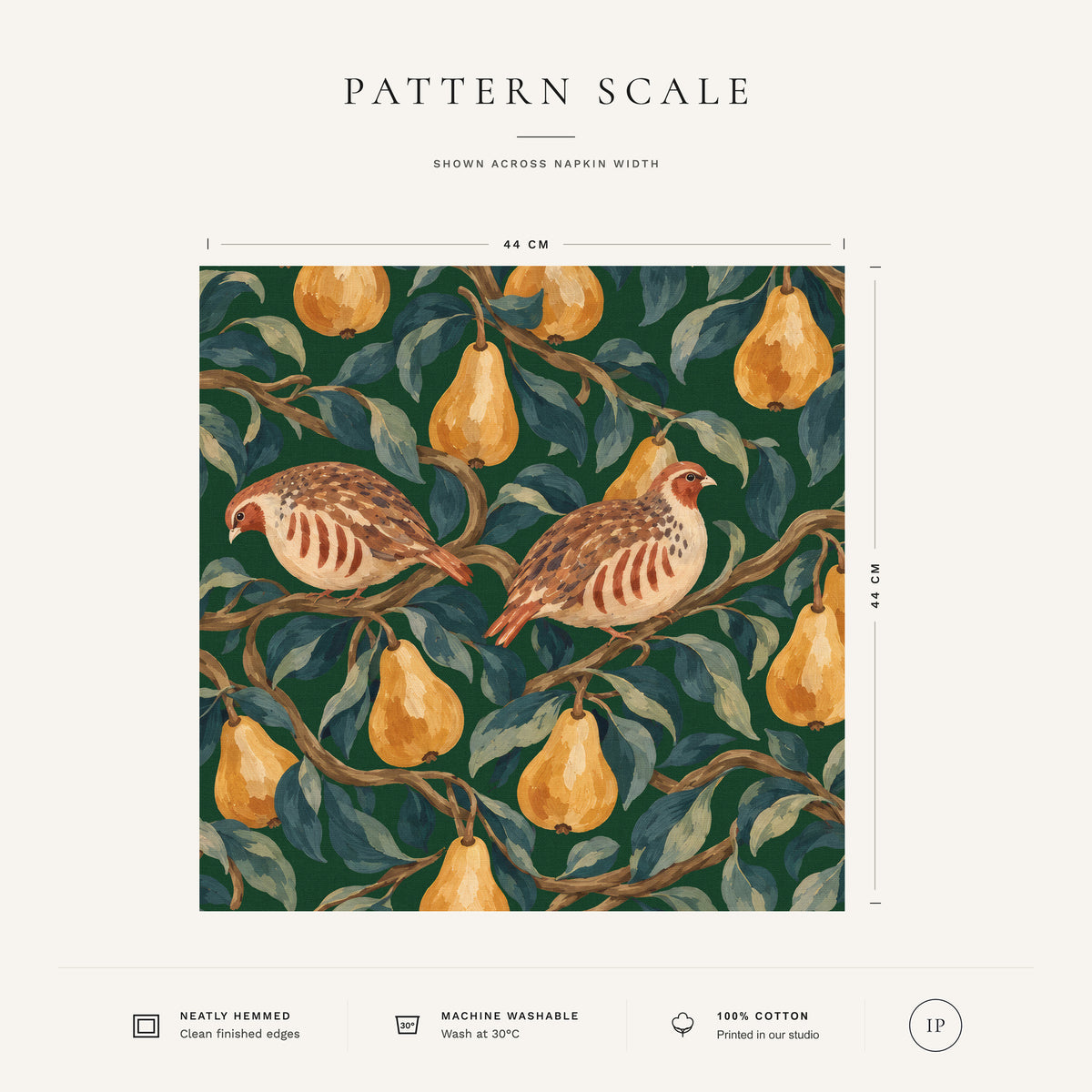 Green Partridge and Pear Christmas napkin pattern scale, showing the full 44 cm by 44 cm design.