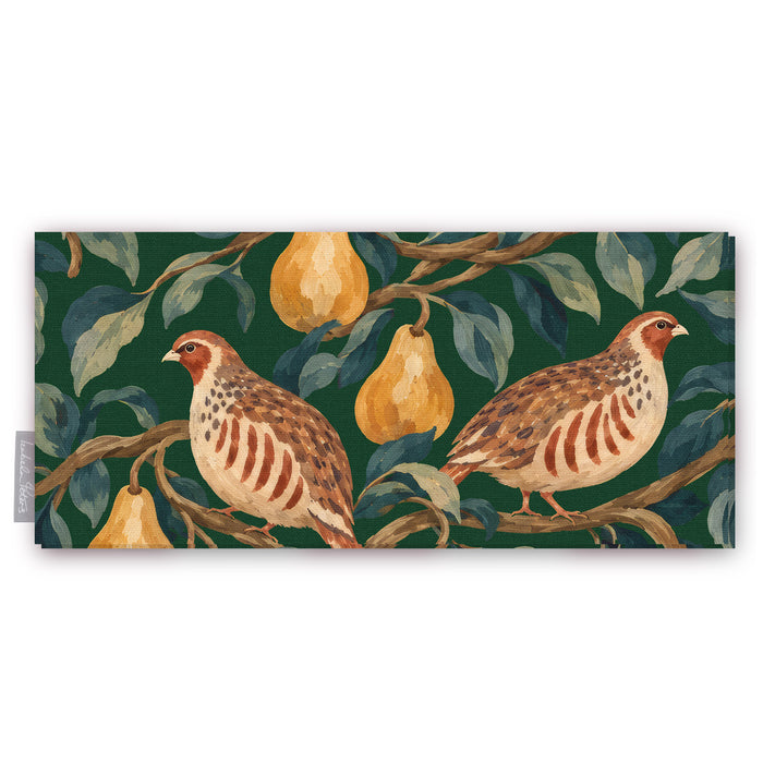 Green Partridge and Pear Christmas table runner folded on white, showing a partridge among pears and leaves