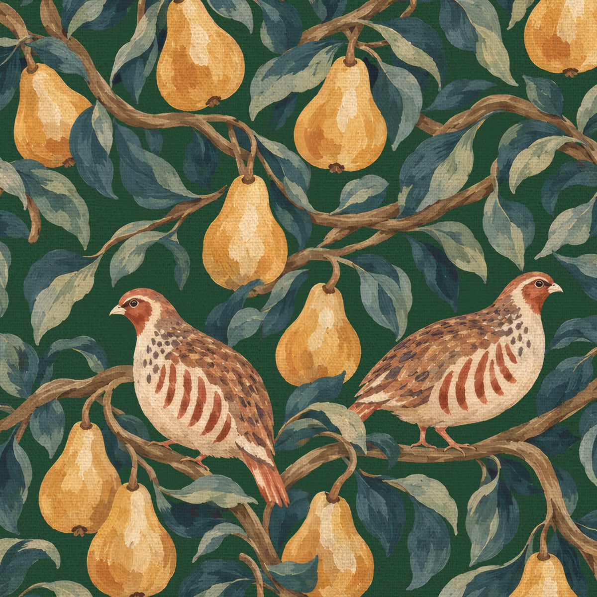 Close-up of the green Partridge and Pear Christmas table runner print on cotton, showing a partridge among pears and leaves