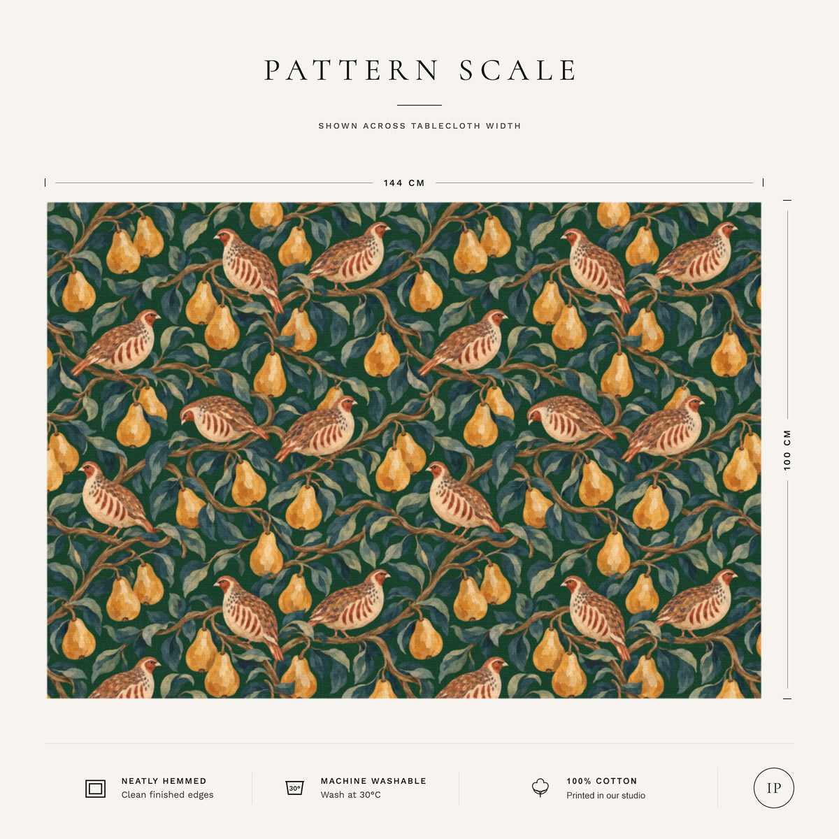 Pattern scale of the Partridge and Pear Christmas tablecloth in green across its 144 cm width, with care notes