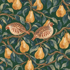 Close-up of the green Partridge and Pear Christmas tablecloth print on cotton, showing partridges among pears and leaves