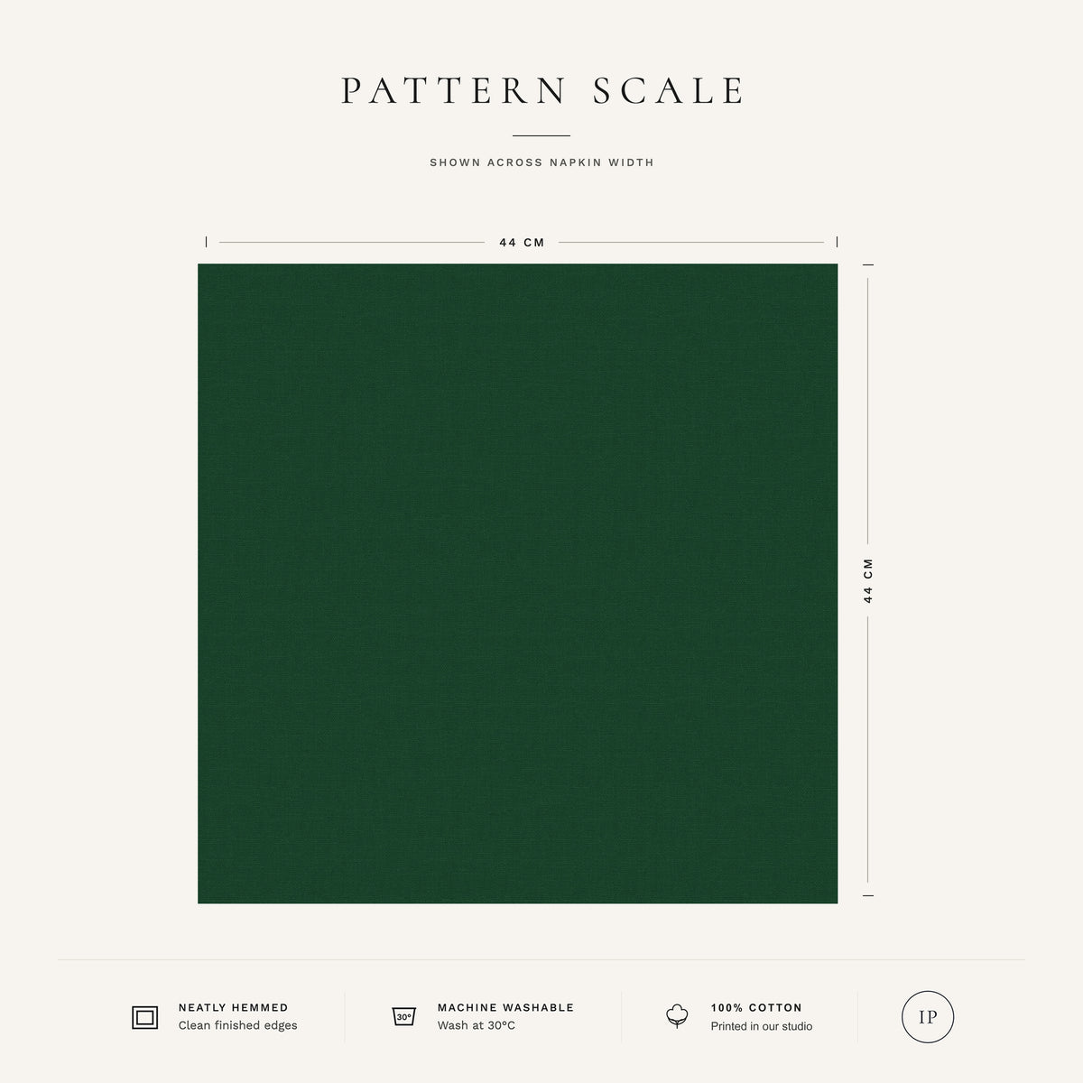 Green Plain Christmas napkin pattern scale, showing the full 44 cm by 44 cm design.