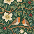 Close-up of the green Robins and Christmas Roses napkin print on cotton, showing robins, Christmas roses and holly