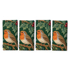 Green Robins and Christmas Roses napkins, set of four, folded on white, showing the same robin under a sprig of holly