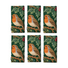 Green Robins and Christmas Roses napkins, set of six, folded on white, showing the same robin under a sprig of holly