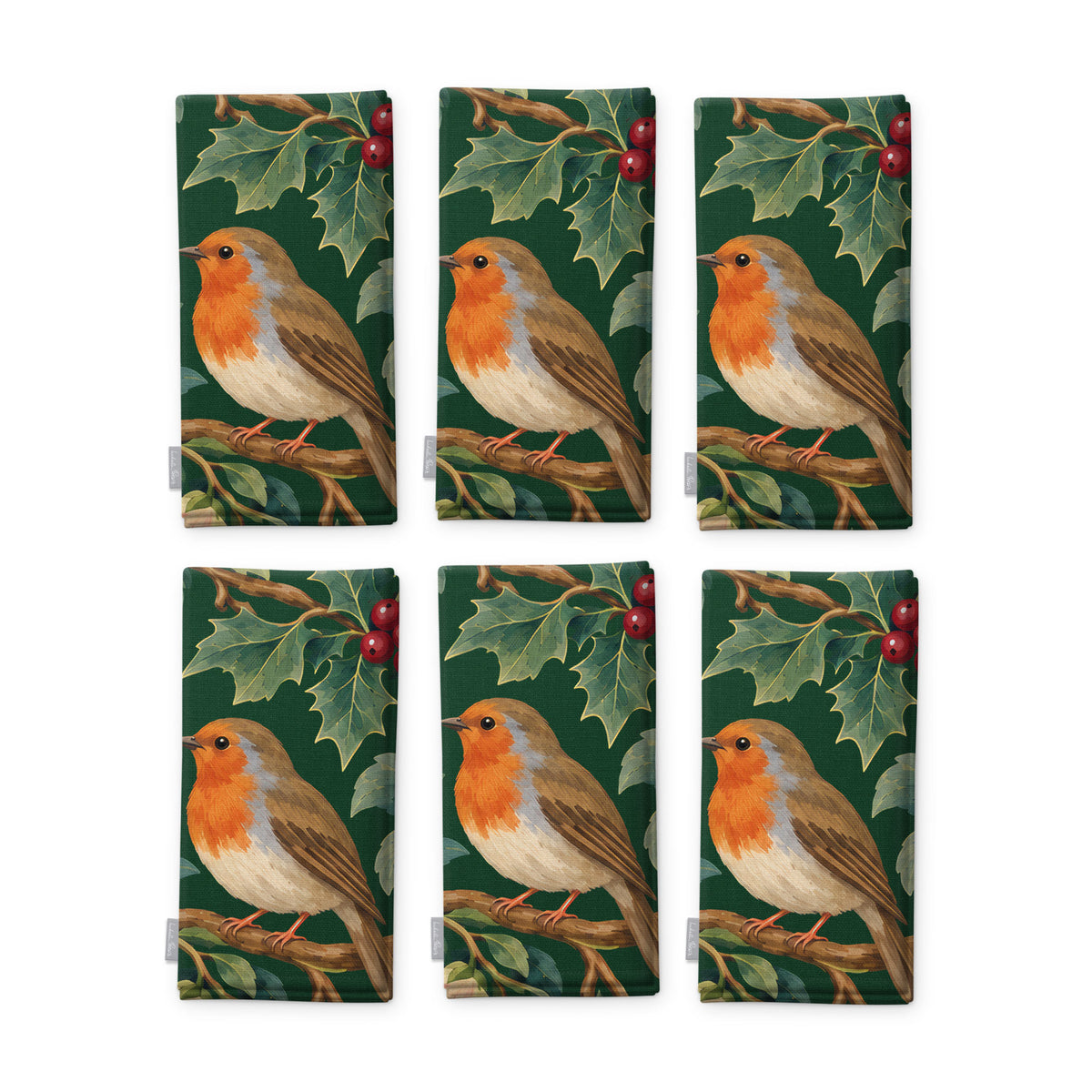 Green Robins and Christmas Roses napkins, set of six, folded on white, showing the same robin under a sprig of holly