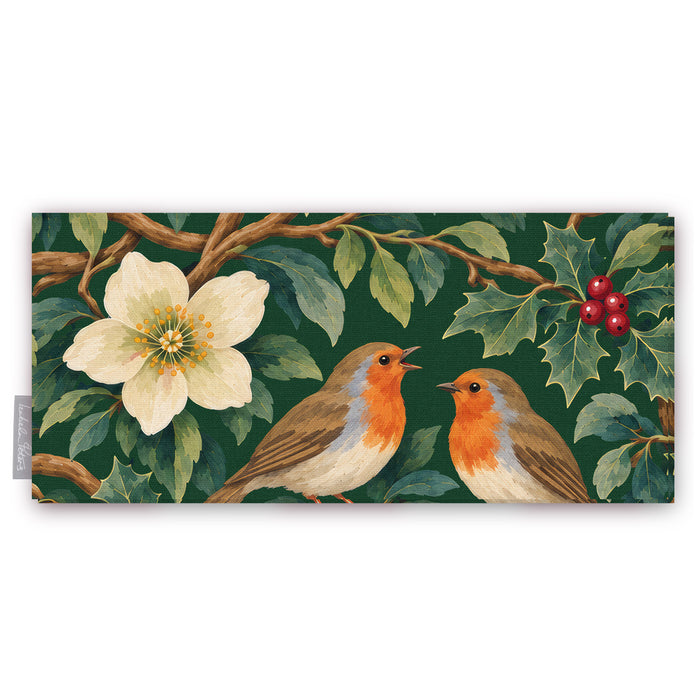 Green Robins and Christmas Roses Christmas table runner folded on white, showing a Christmas rose and two robins